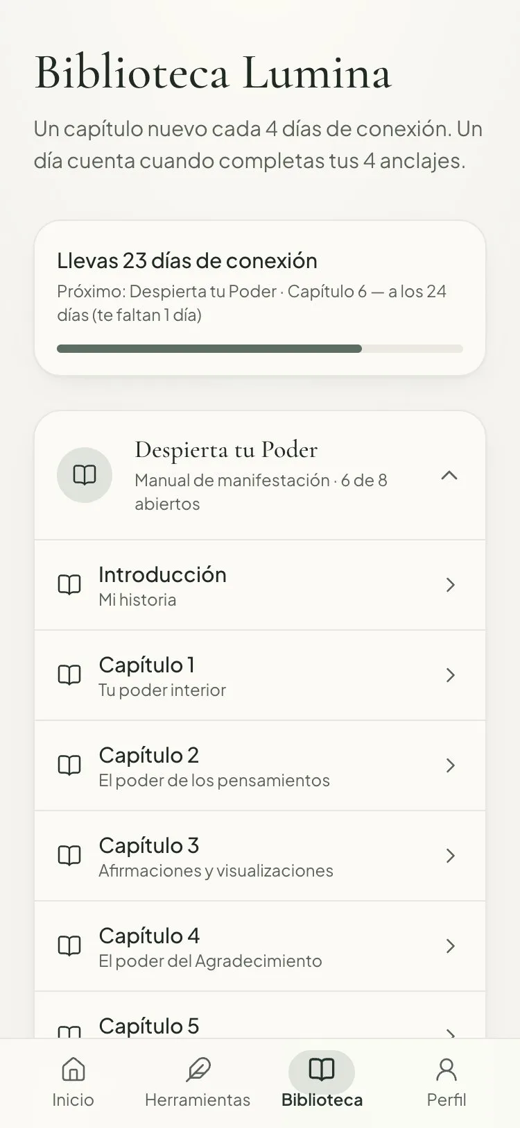 Pantalla de la Biblioteca Lumina con los capítulos abiertos y el progreso de días de conexión