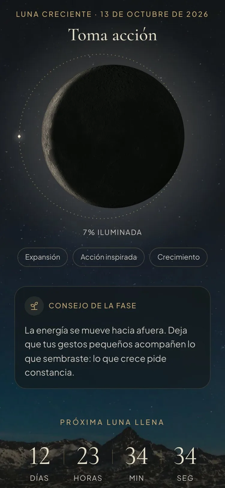 Pantalla de Ciclos Lunares con la fase de la luna de hoy sobre un cielo nocturno