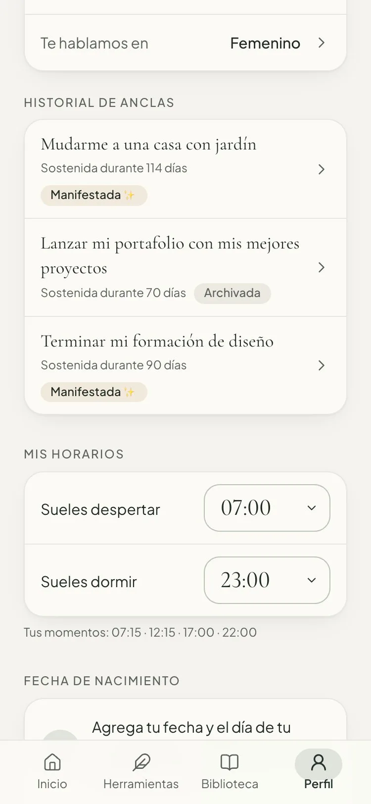 Historial de Anclas en el perfil, con intenciones marcadas como manifestadas