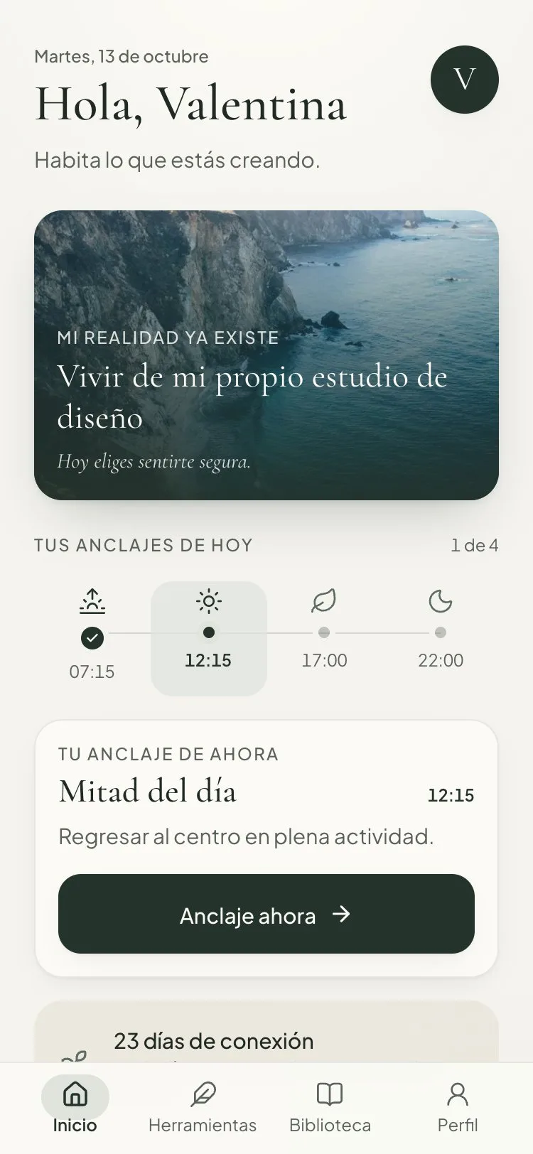 Pantalla principal de ANKLA con la foto de la intención y los cuatro anclajes del día